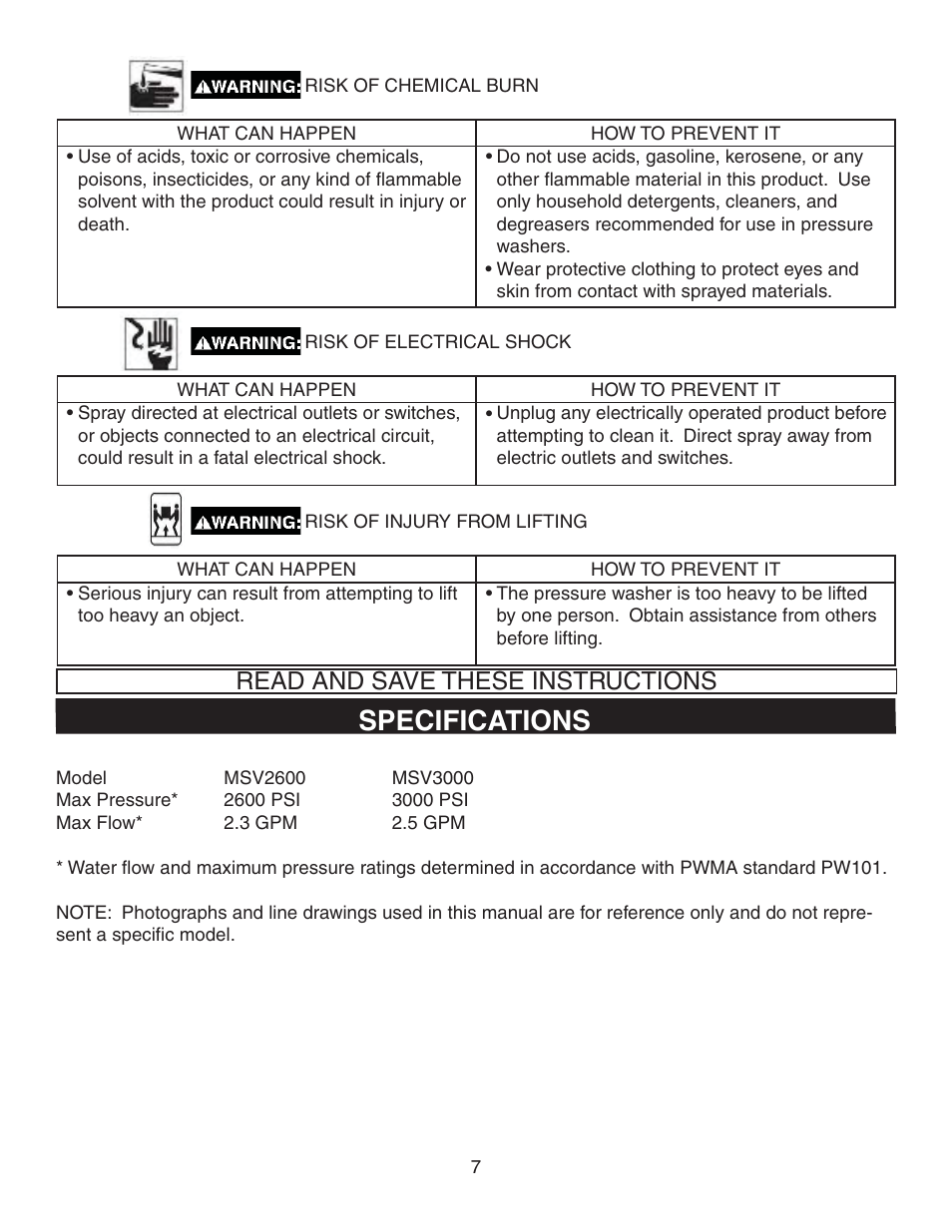 Specifications, Read and save these instructions | Simpson MSV2600 User Manual | Page 7 / 40
