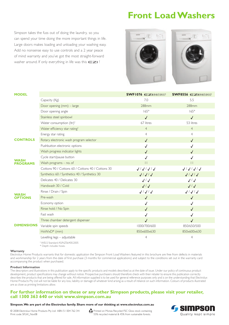 Front load washers | Simpson EZI SWF1076 User Manual | Page 2 / 2