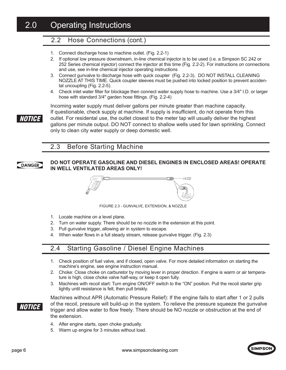 0 operating instructions, 3 before starting machine, 4 starting gasoline / diesel engine machines | 2 hose connections (cont.) | Simpson PS4240H User Manual | Page 6 / 14