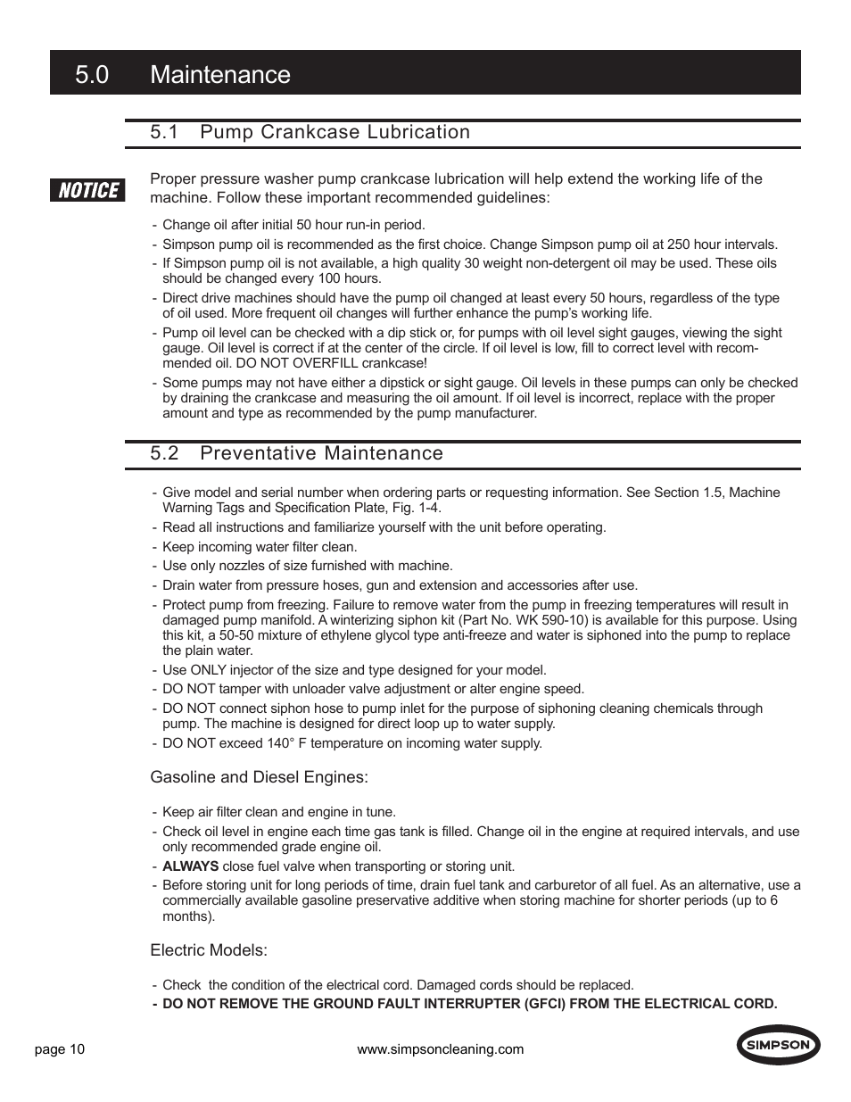 0 maintenance, 1 pump crankcase lubrication, 2 preventative maintenance | Simpson PS3000 User Manual | Page 10 / 14