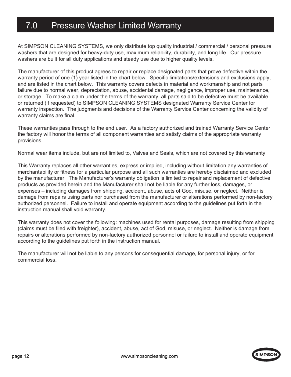 0 pressure washer limited warranty | Simpson PS3000 User Manual | Page 12 / 14