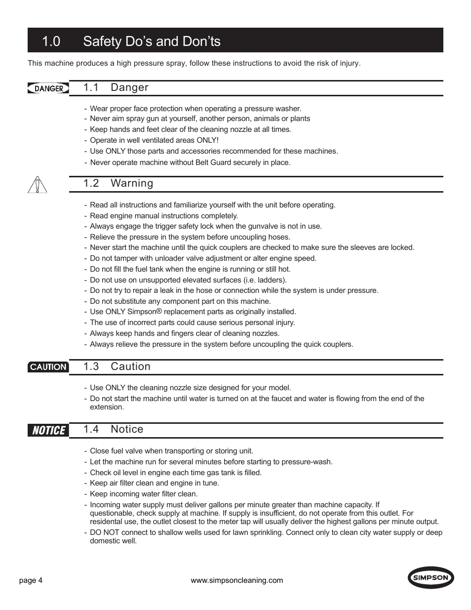 0 safety do’s and don’ts, 1 danger, 2 warning | 3 caution, 4 notice | Simpson PS3000 User Manual | Page 4 / 14