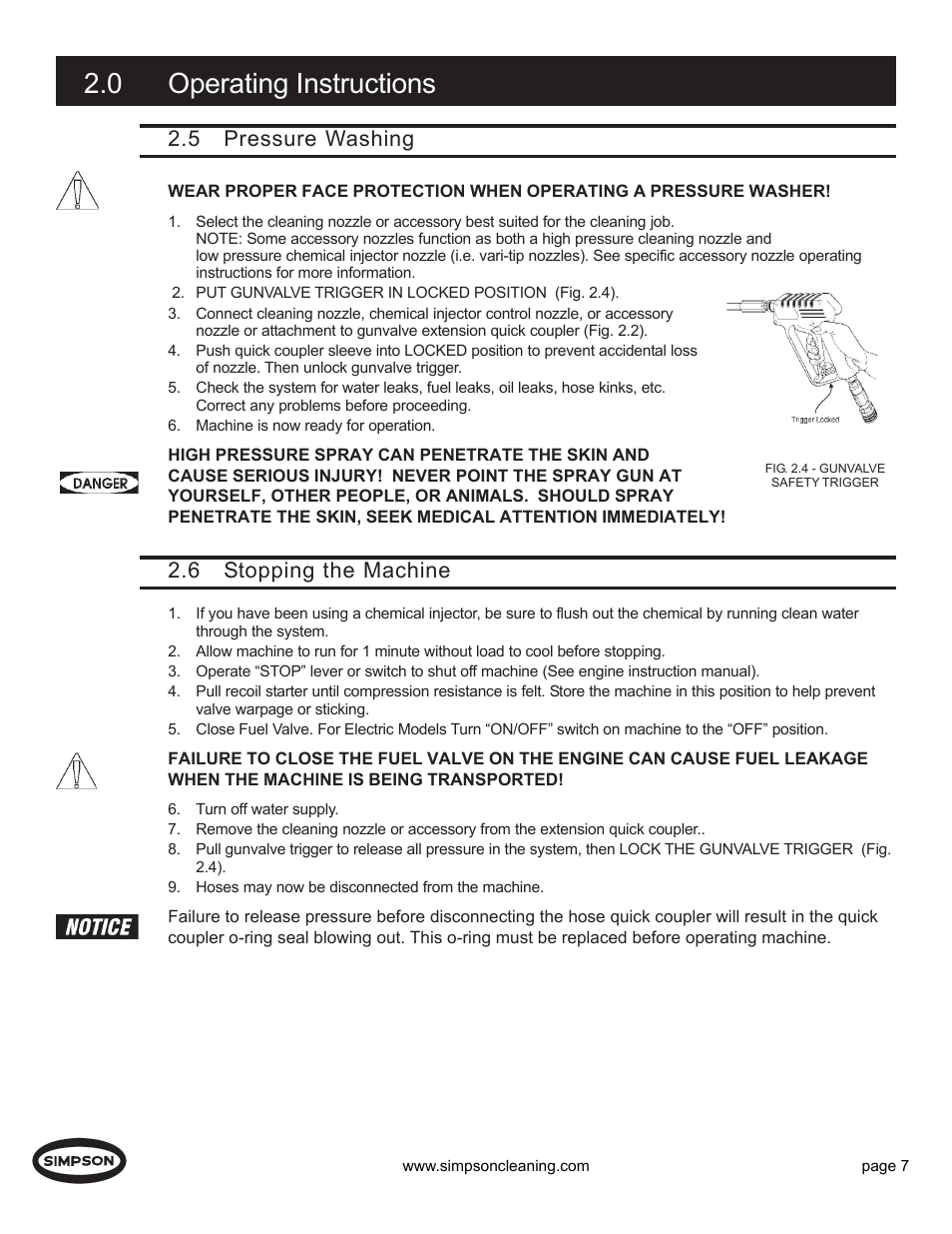 0 operating instructions, 5 pressure washing, 6 stopping the machine | Simpson PS3000 User Manual | Page 7 / 14