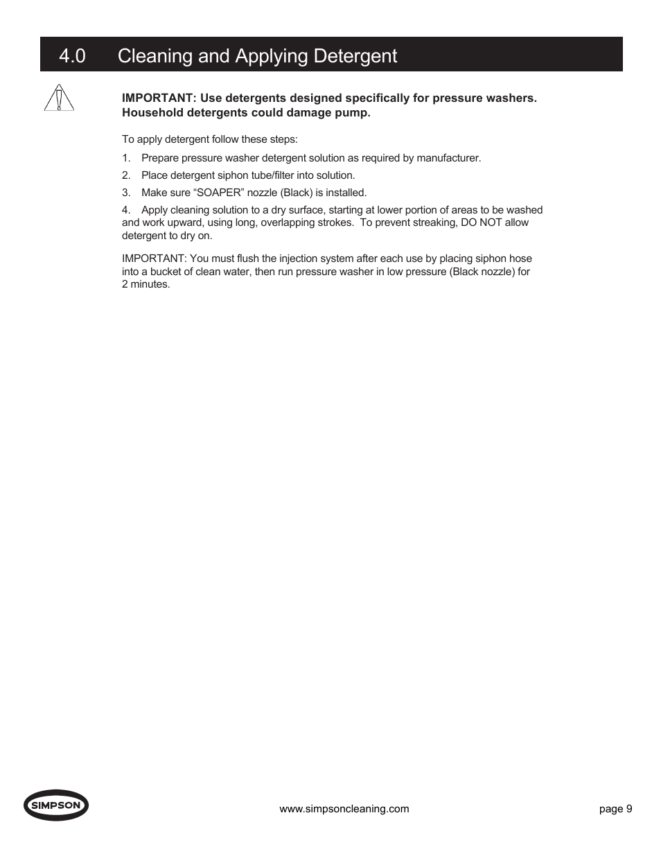 0 cleaning and applying detergent | Simpson PS3000 User Manual | Page 9 / 14