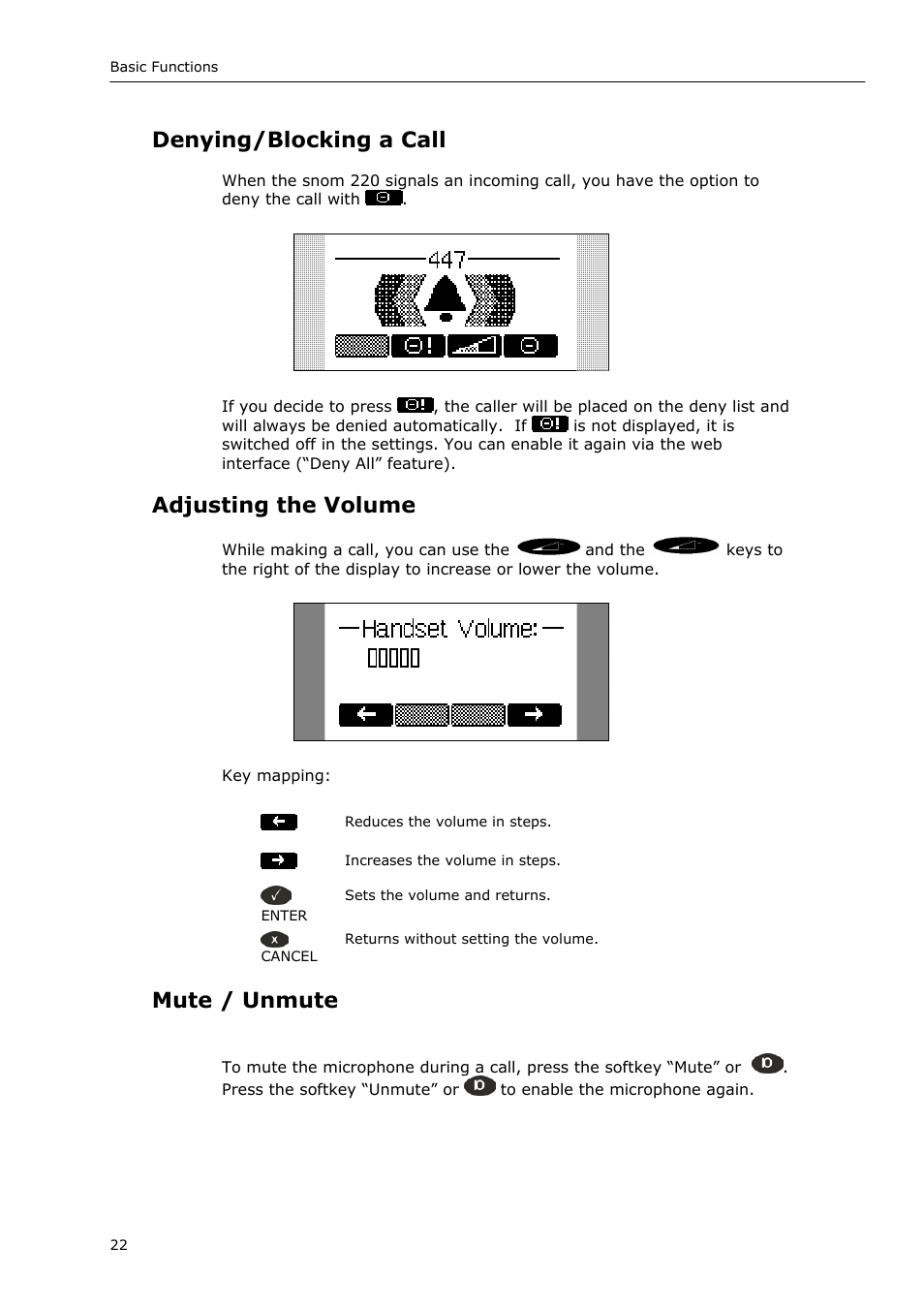 Denying/blocking a call, Adjusting the volume, Mute / unmute | Snom VoIP Phone User Manual | Page 22 / 71