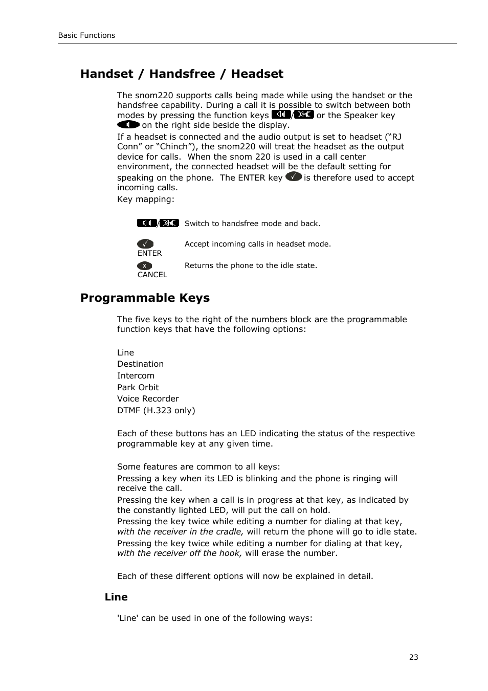 Handset / handsfree / headset, Programmable keys | Snom VoIP Phone User Manual | Page 23 / 71