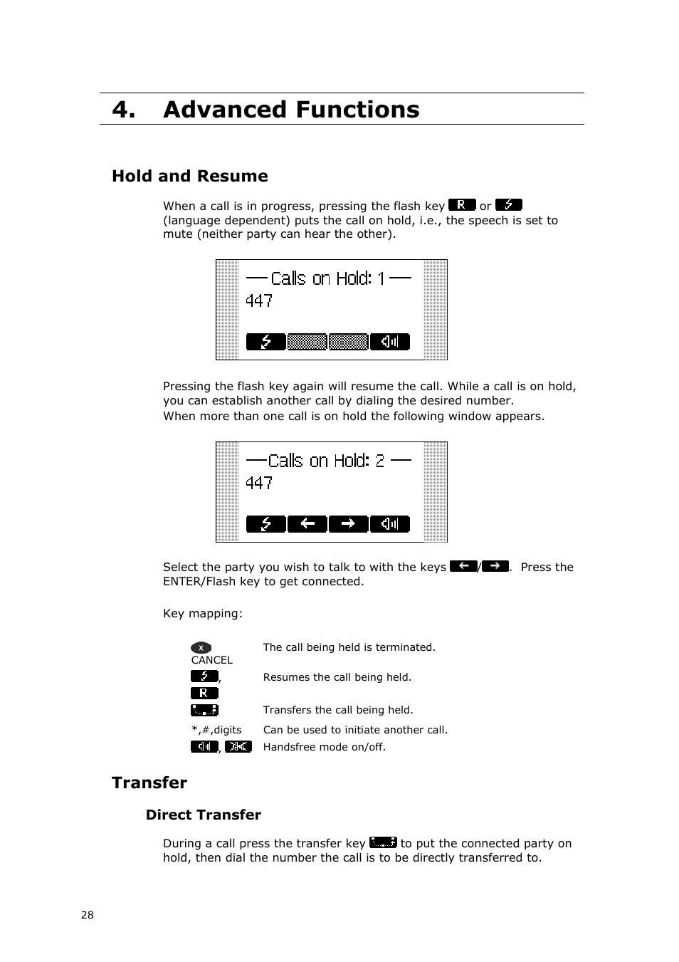 Advanced functions, Hold and resume, Transfer | Snom VoIP Phone User Manual | Page 28 / 71