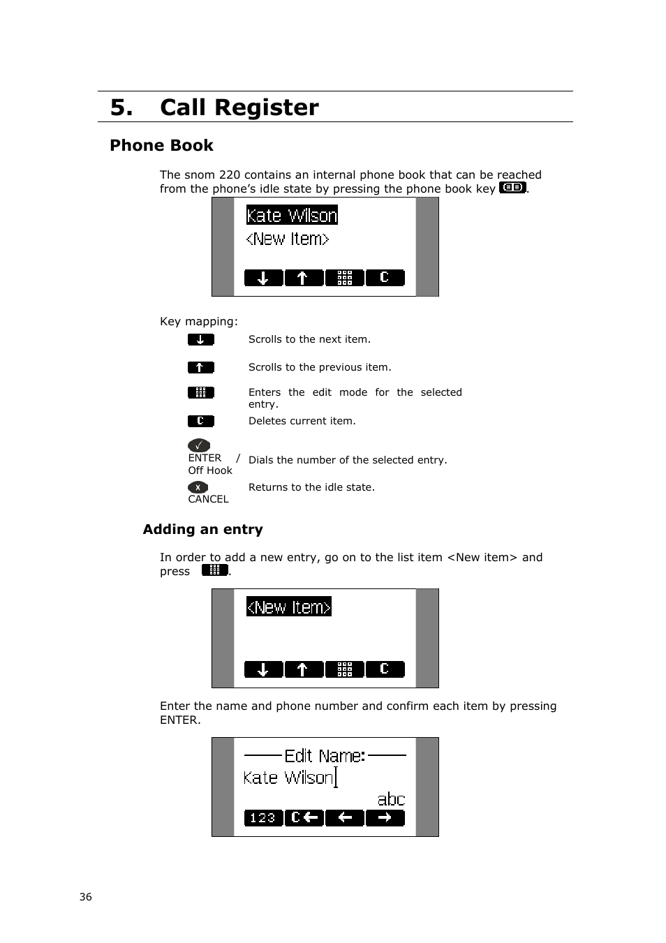 Call register, Phone book, Adding an entry | Snom VoIP Phone User Manual | Page 36 / 71