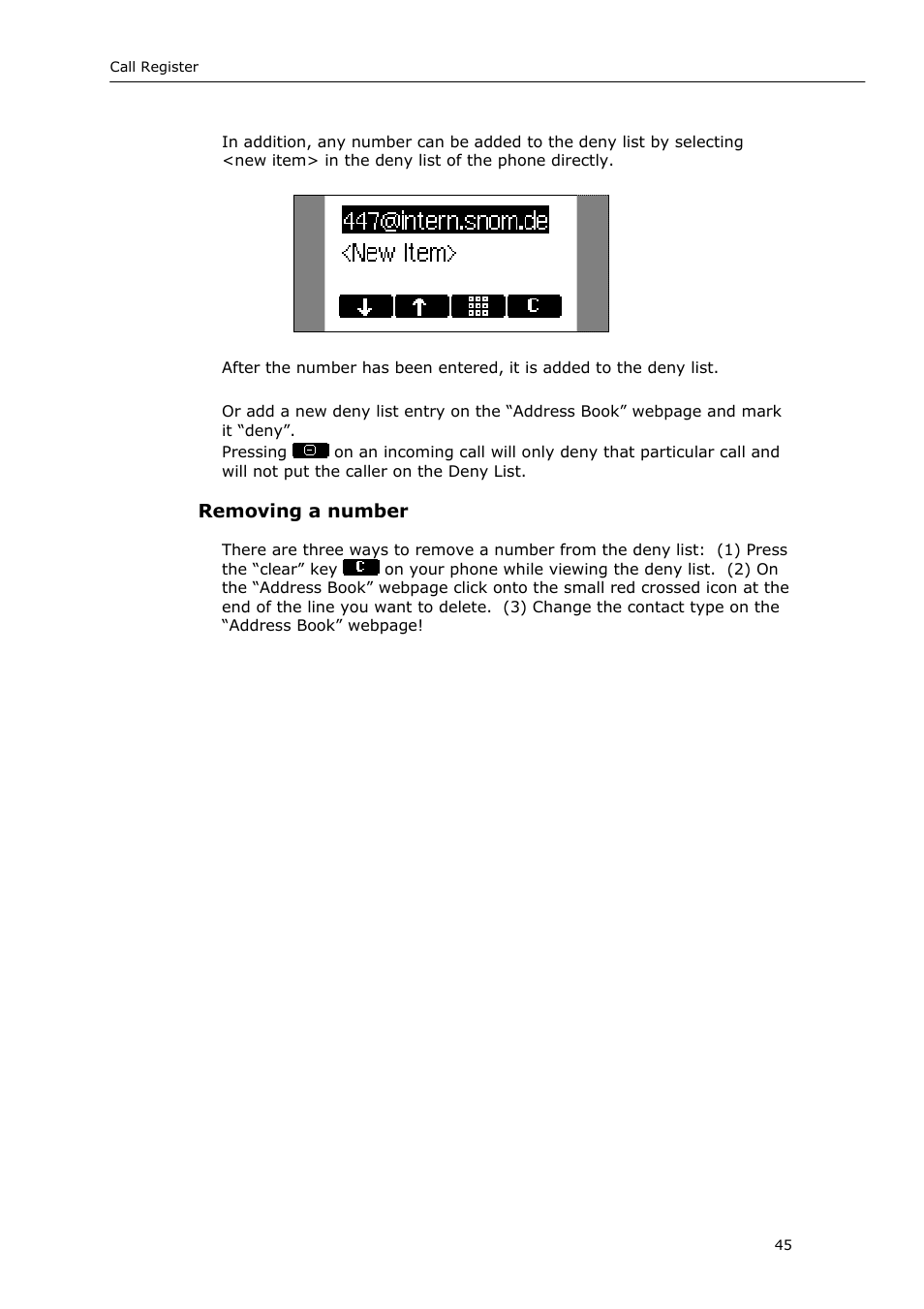 Removing a number | Snom VoIP Phone User Manual | Page 45 / 71