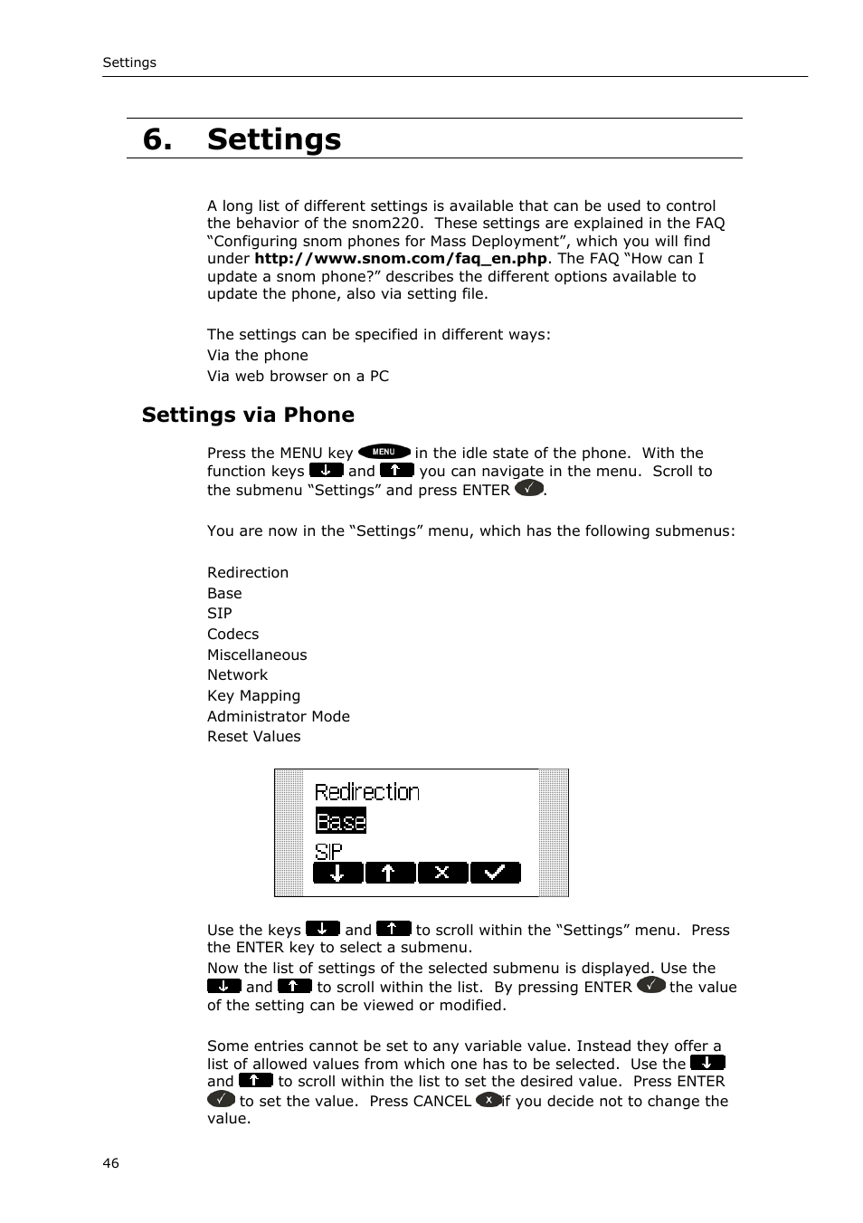 Settings, Settings via phone | Snom VoIP Phone User Manual | Page 46 / 71