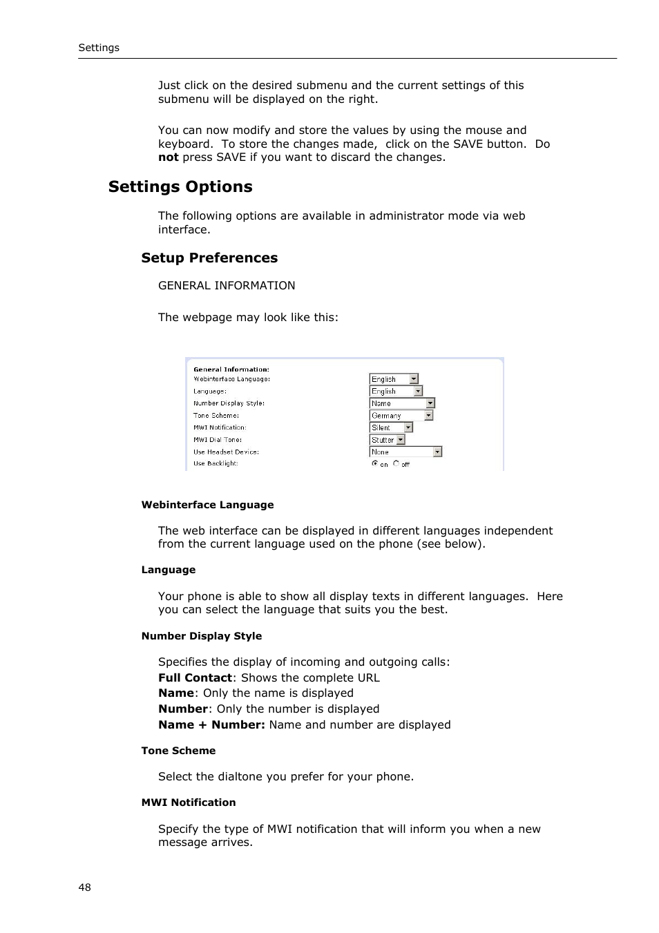 Settings options | Snom VoIP Phone User Manual | Page 48 / 71