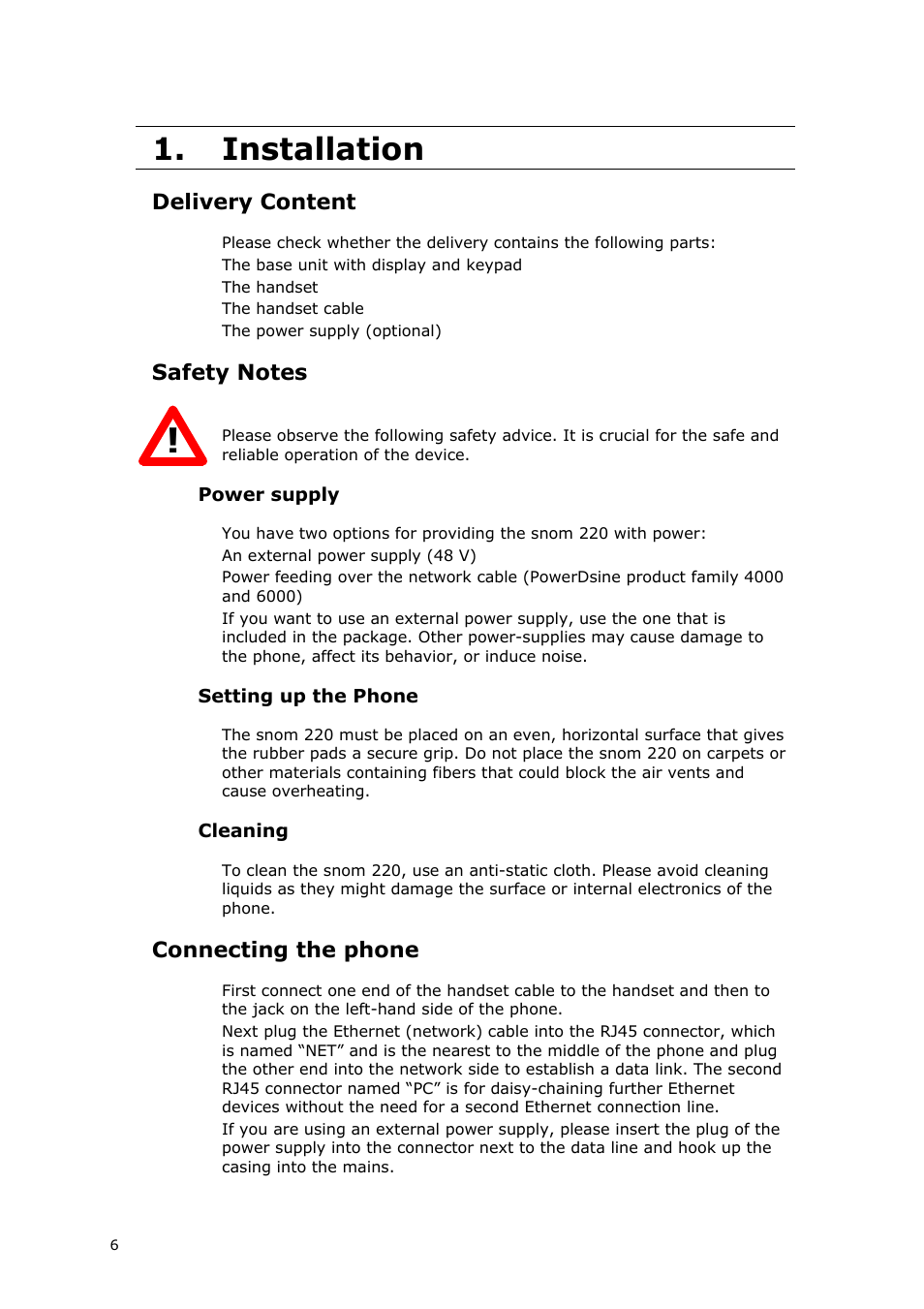 Installation, Delivery content, Connecting the phone | Snom VoIP Phone User Manual | Page 6 / 71