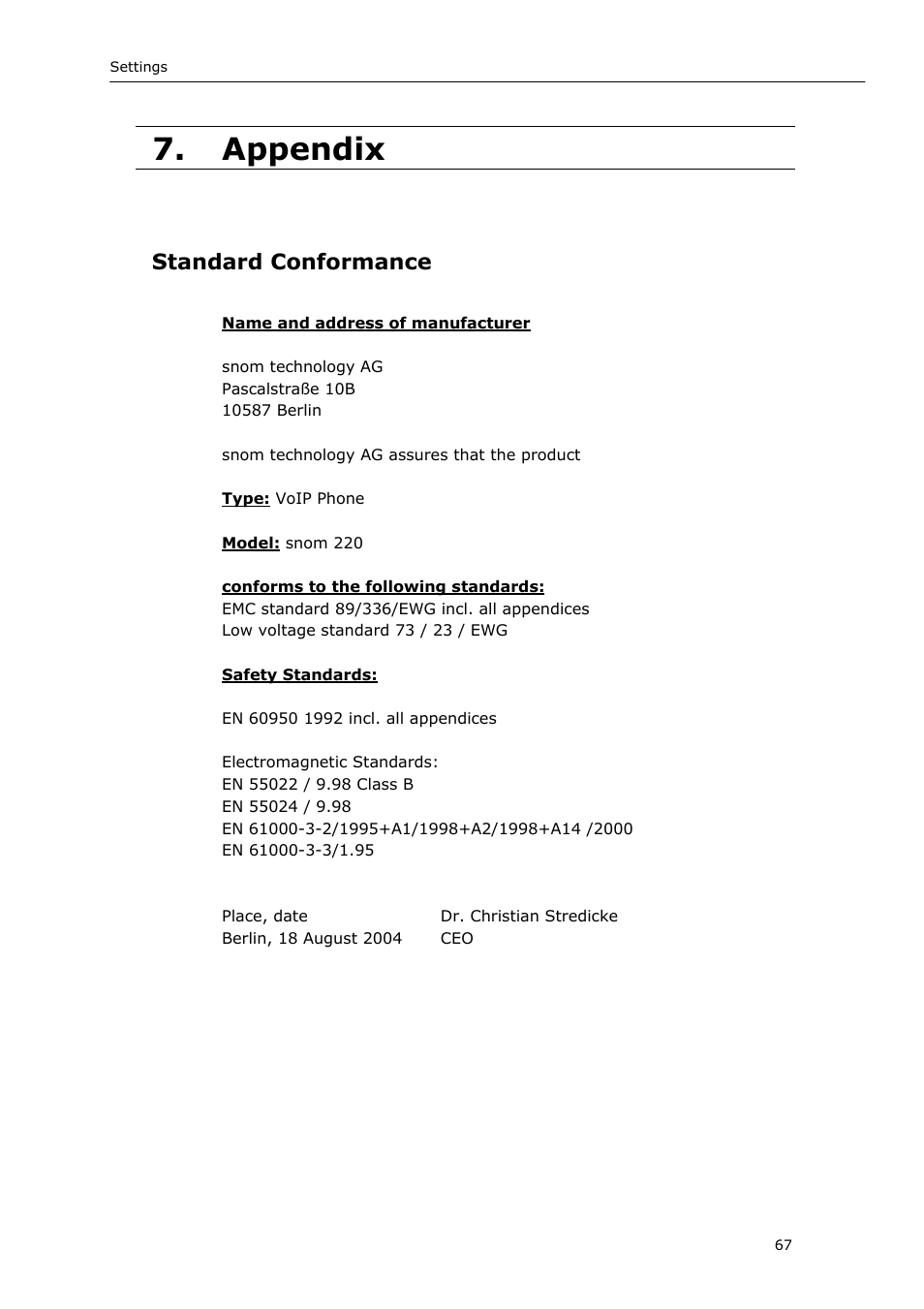 Appendix, Standard conformance | Snom VoIP Phone User Manual | Page 67 / 71