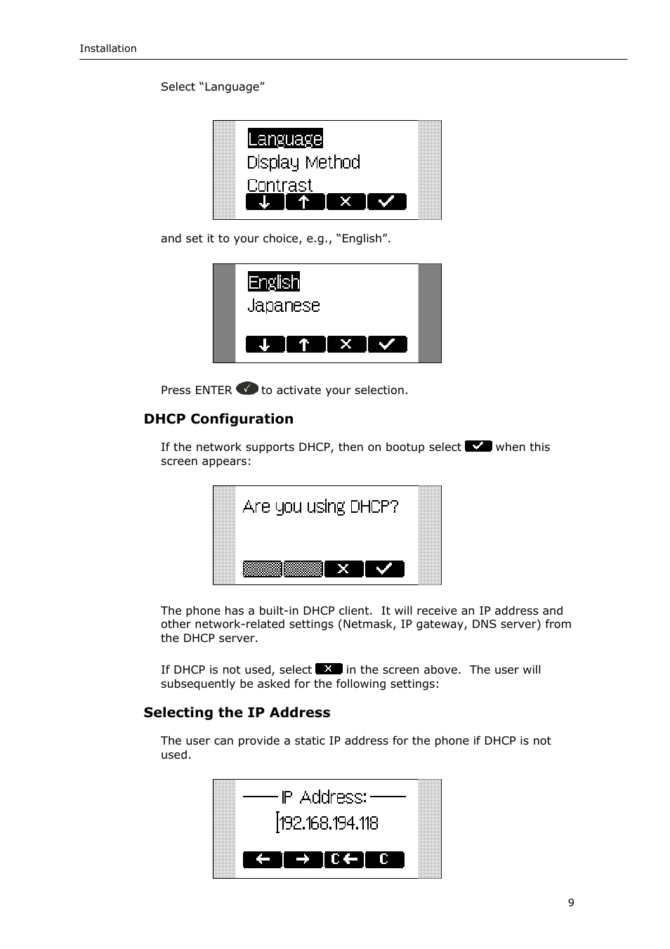 Dhcp configuration, Selecting the ip address | Snom VoIP Phone User Manual | Page 9 / 71