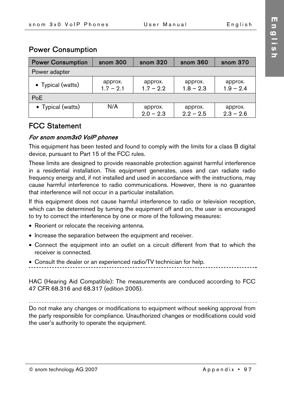 Power consumption, Fcc statement, English | Snom 300 User Manual | Page 103 / 105