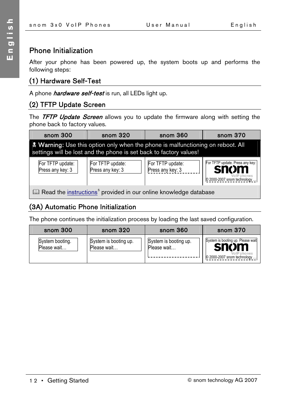 Phone initialization, 1) hardware self-test, 2) tftp update screen | 3a) automatic phone initialization, English | Snom 300 User Manual | Page 18 / 105