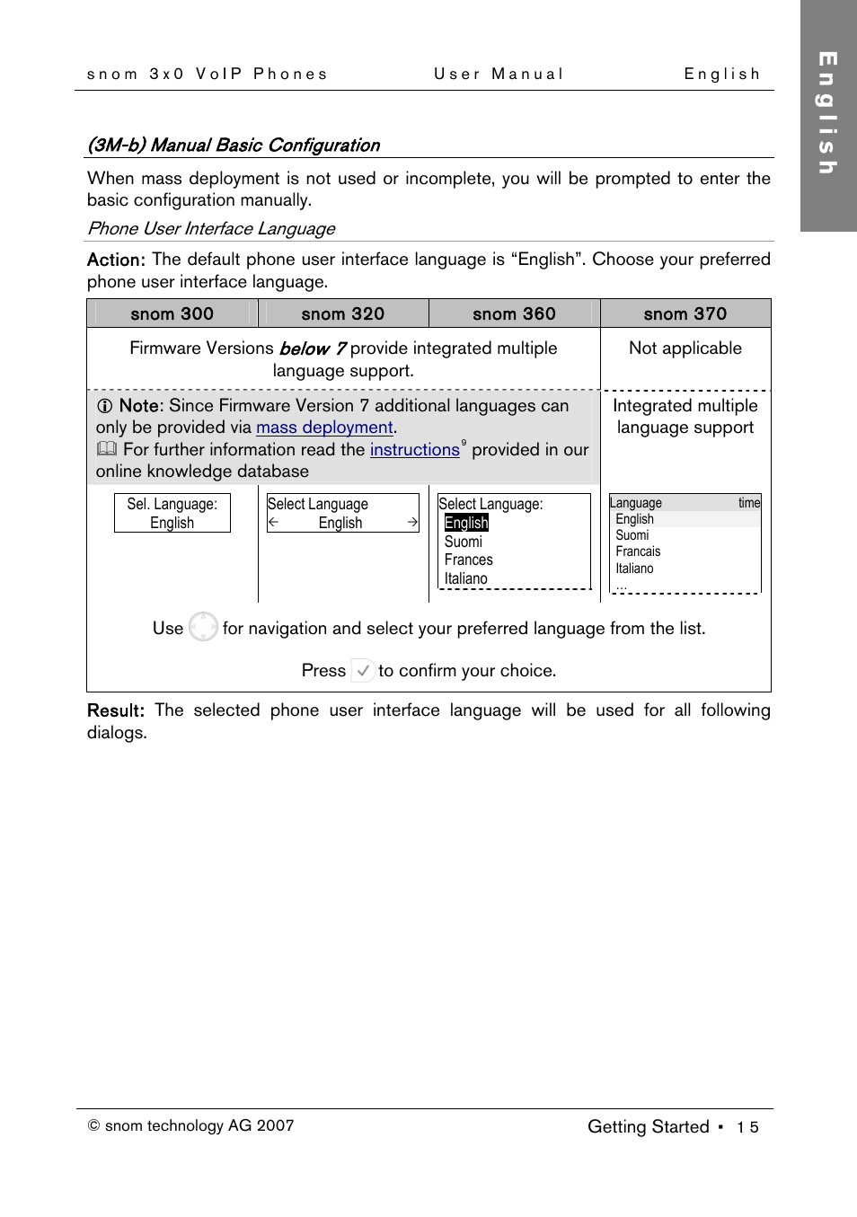 3m-b) manual basic configuration, Phone user interface language, English | Snom 300 User Manual | Page 21 / 105
