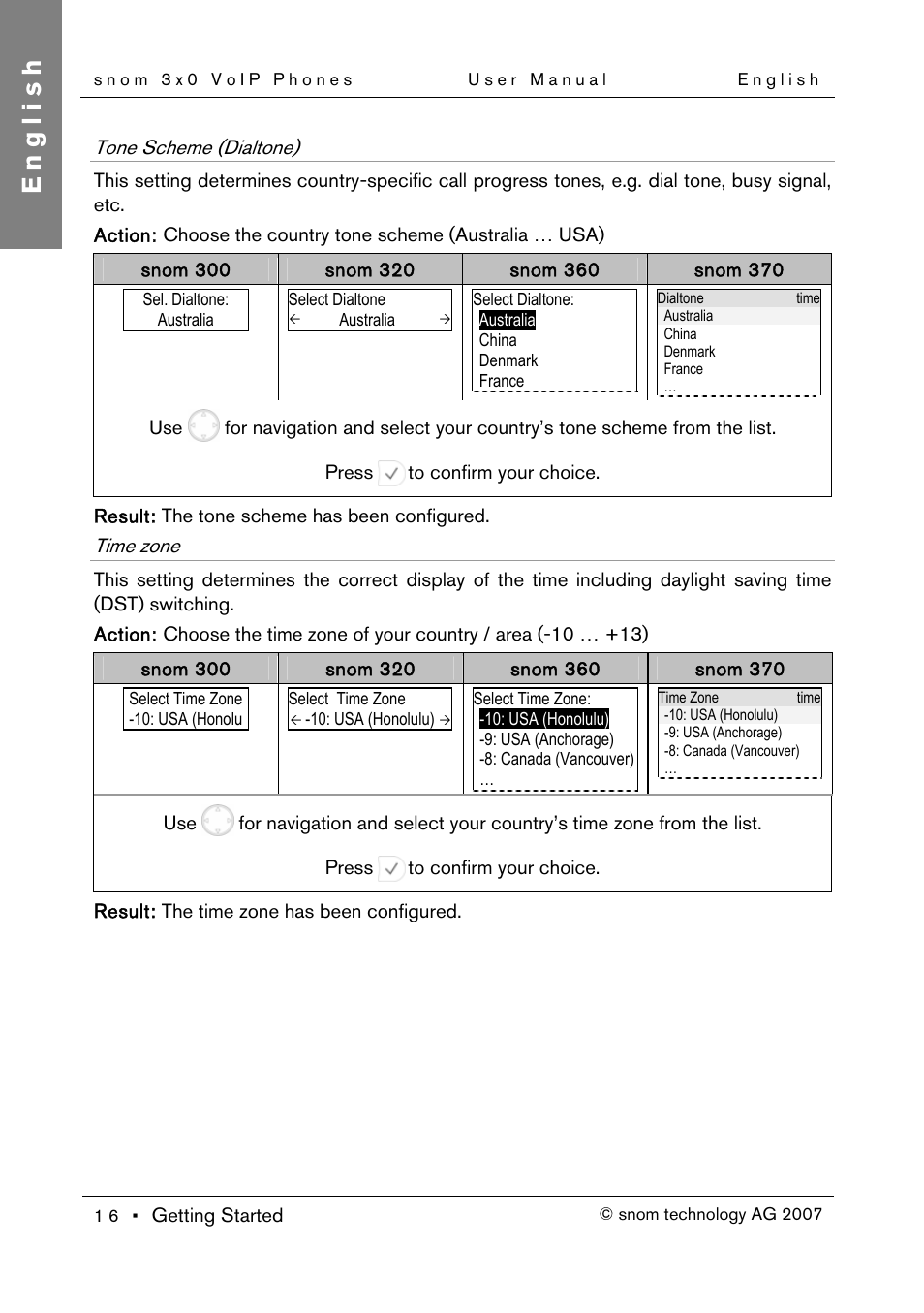 Tone scheme (dialtone), Time zone, English | Snom 300 User Manual | Page 22 / 105