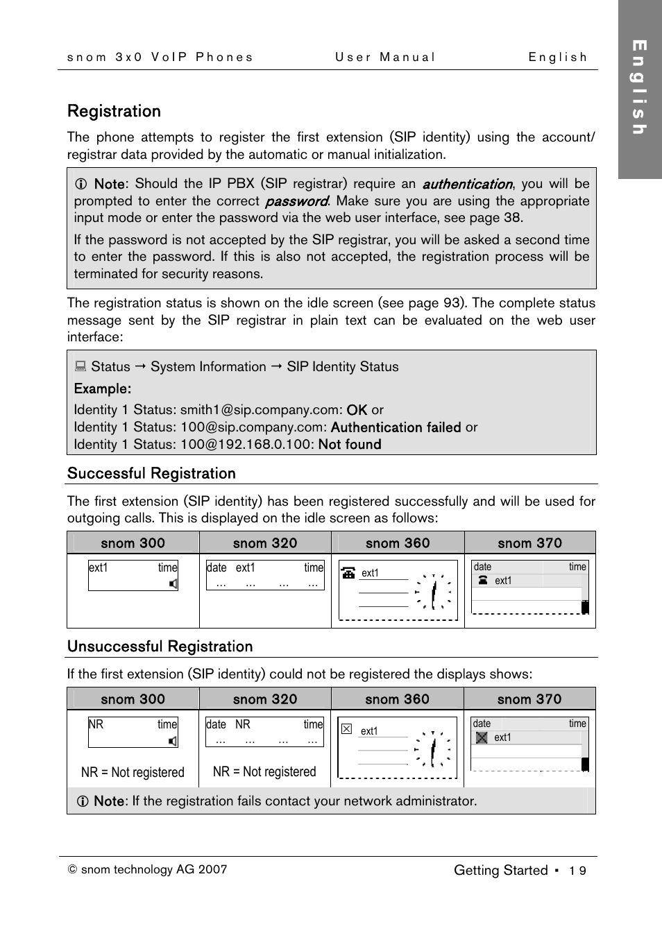 Registration, Successful registration, Unsuccessful registration | English | Snom 300 User Manual | Page 25 / 105