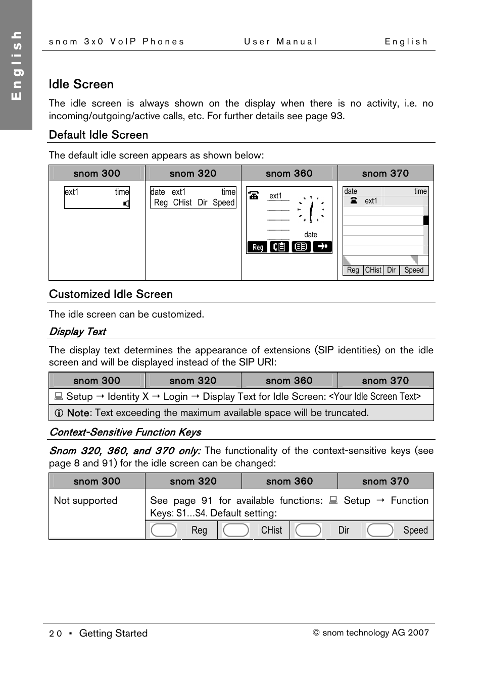 Idle screen, Default idle screen, Customized idle screen | Display text, Context-sensitive function keys, English | Snom 300 User Manual | Page 26 / 105