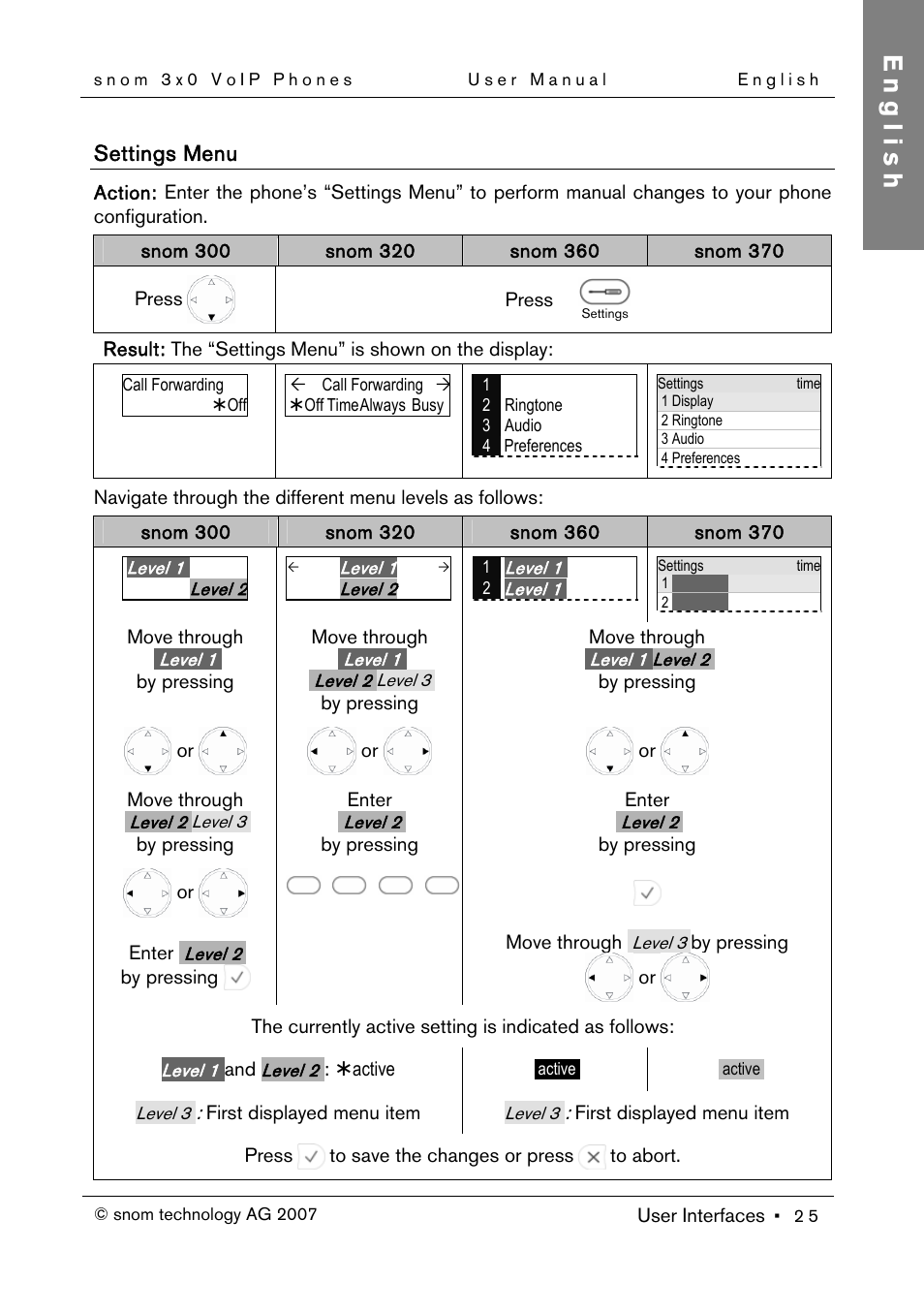 Settings menu, English | Snom 300 User Manual | Page 31 / 105