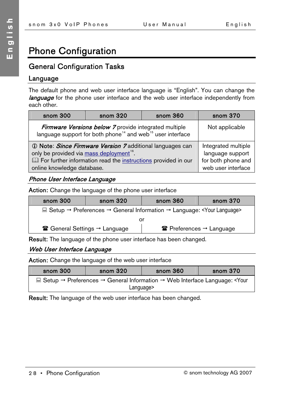 General configuration tasks, Language, Phone user interface language | Web user interface language, Phone configuration, English | Snom 300 User Manual | Page 34 / 105