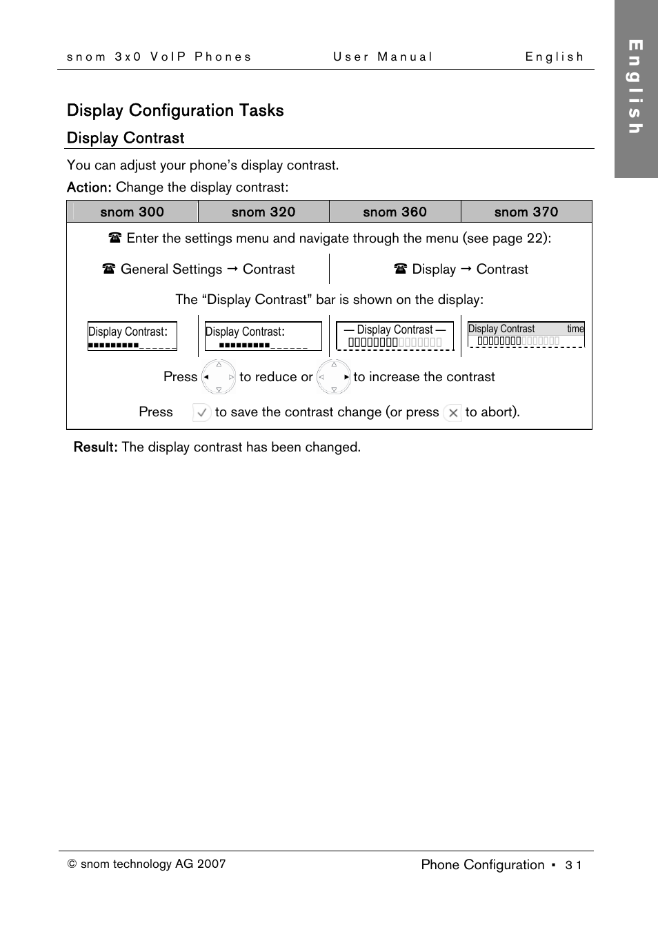 Display configuration tasks, Display contrast, English | Snom 300 User Manual | Page 37 / 105