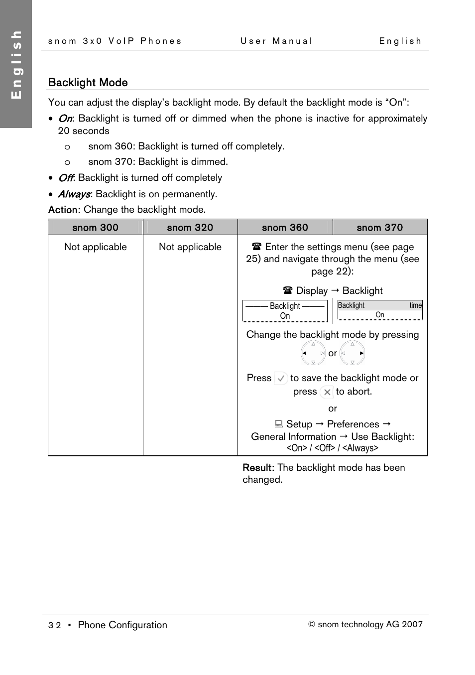 Backlight mode, English | Snom 300 User Manual | Page 38 / 105