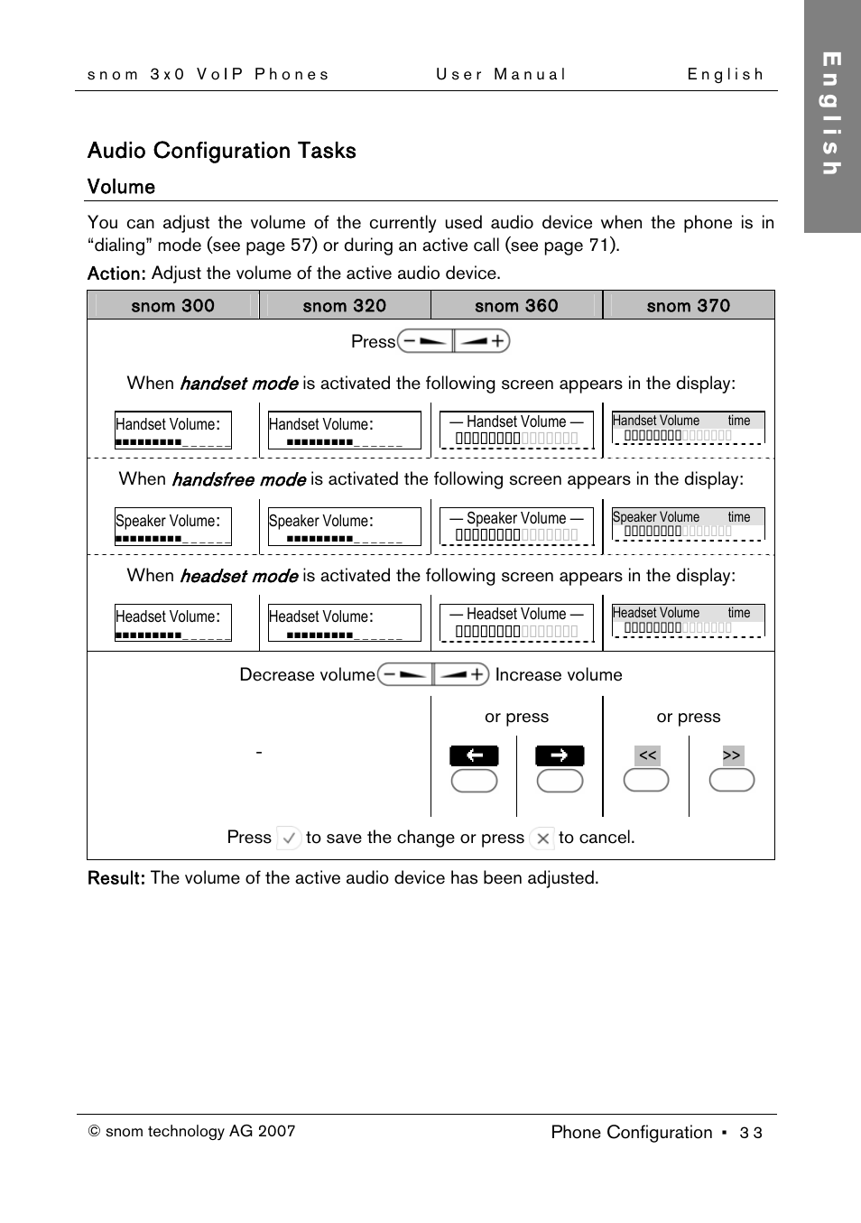 Audio configuration tasks, Volume, English | Snom 300 User Manual | Page 39 / 105