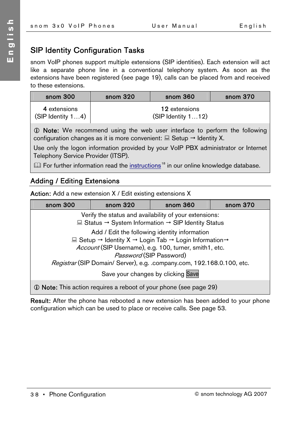 Sip identity configuration tasks, Adding / editing extensions, English | Snom 300 User Manual | Page 44 / 105