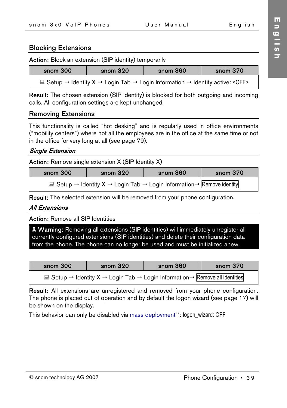 Blocking extensions, Removing extensions, Single extension | All extensions, English | Snom 300 User Manual | Page 45 / 105