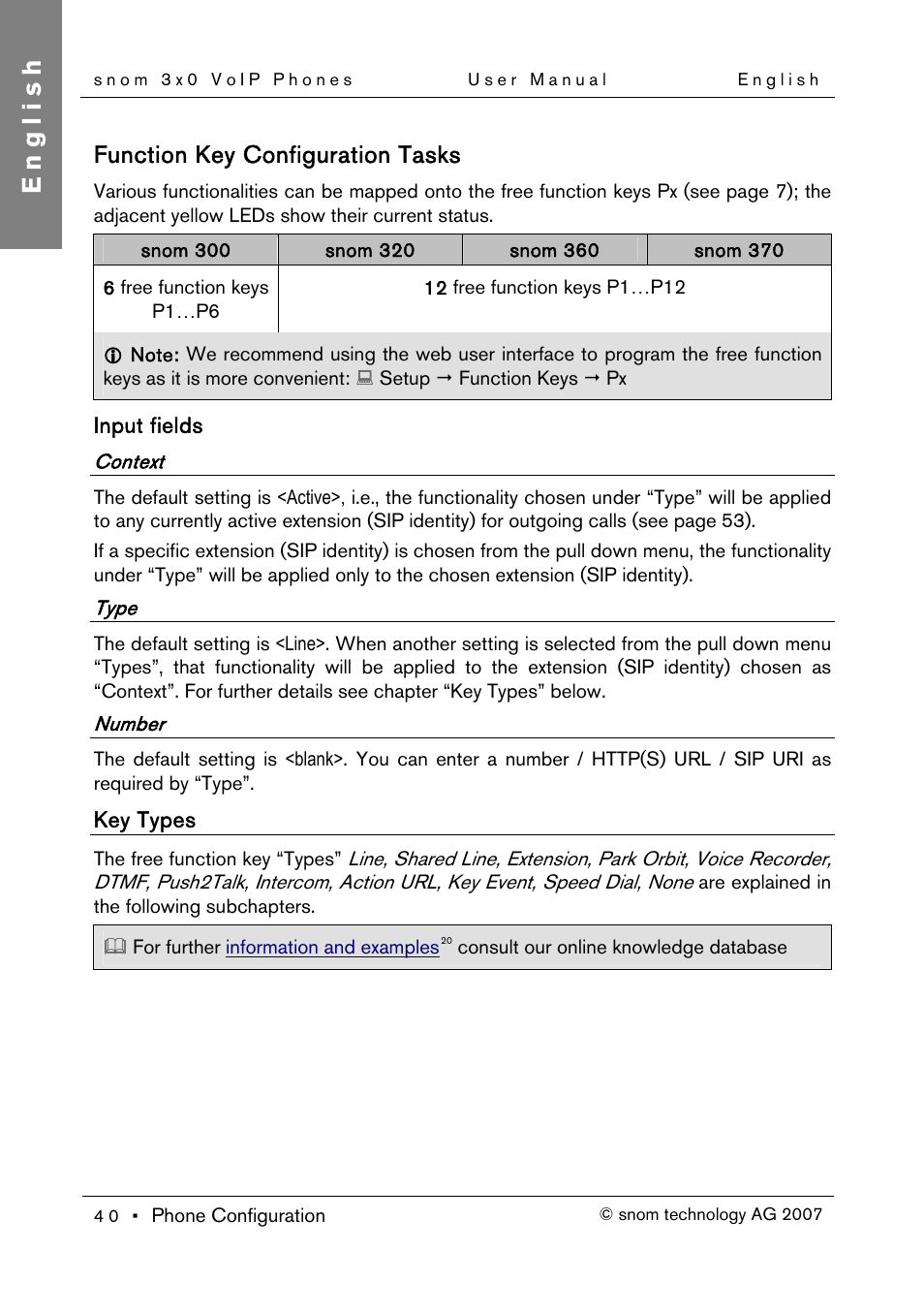 Function key configuration tasks, Input fields, Context | Type, Number, Key types, English | Snom 300 User Manual | Page 46 / 105