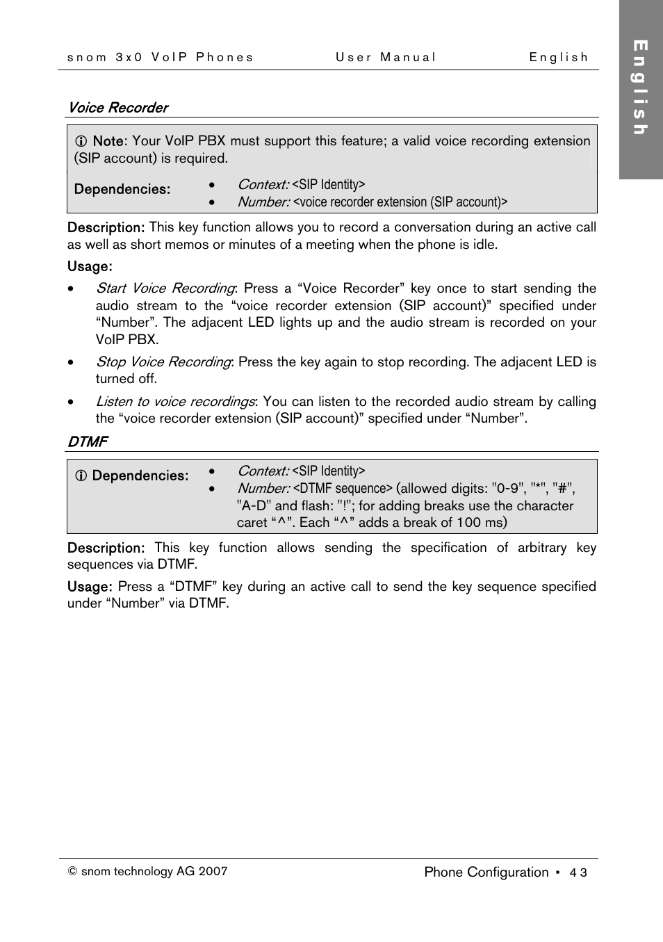 Voice recorder, Dtmf, English | Snom 300 User Manual | Page 49 / 105