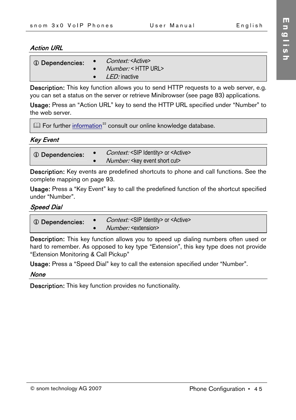 Action url, Key event, Speed dial | None, English | Snom 300 User Manual | Page 51 / 105