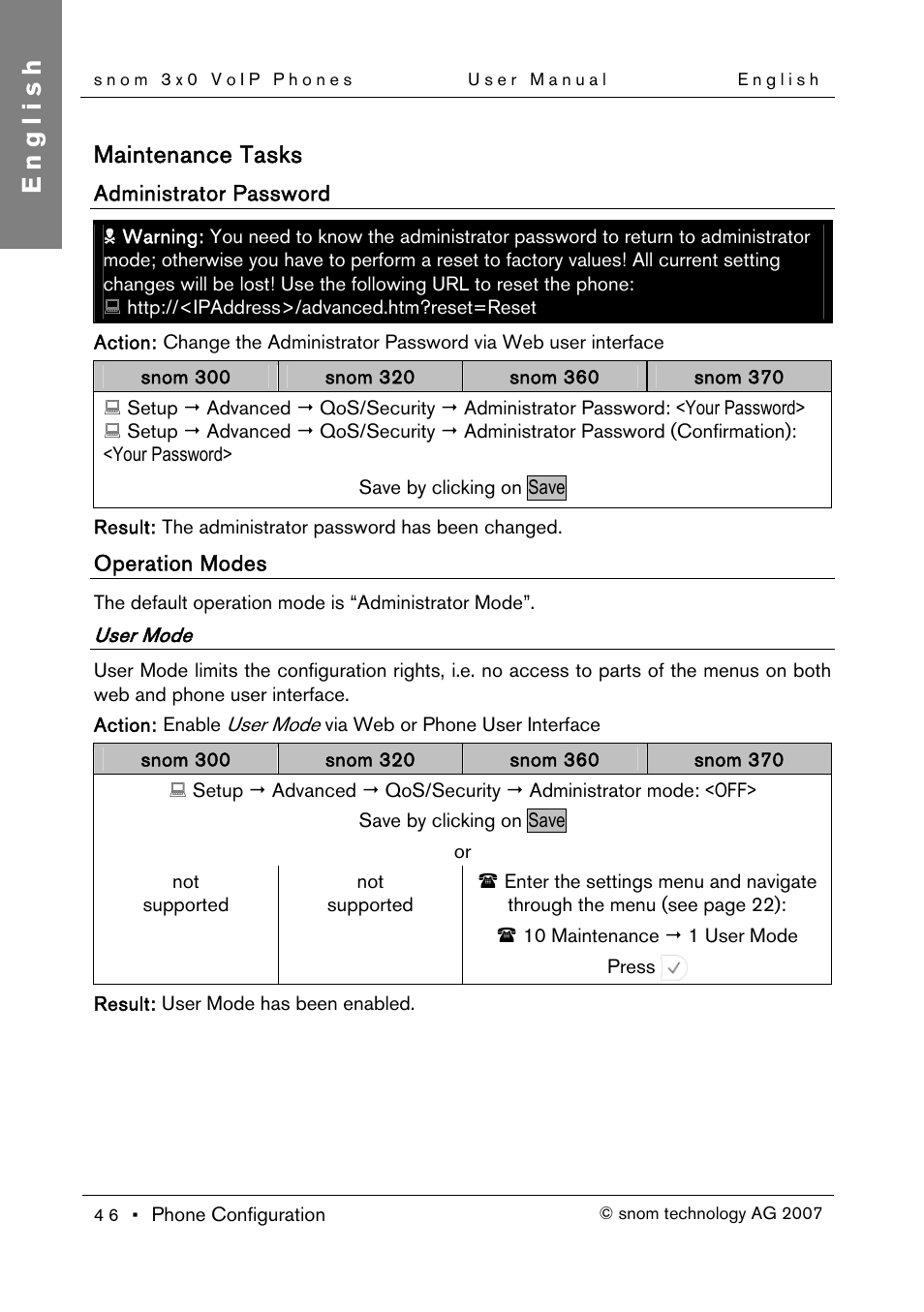 Maintenance tasks, Administrator password, Operation modes | User mode, English | Snom 300 User Manual | Page 52 / 105