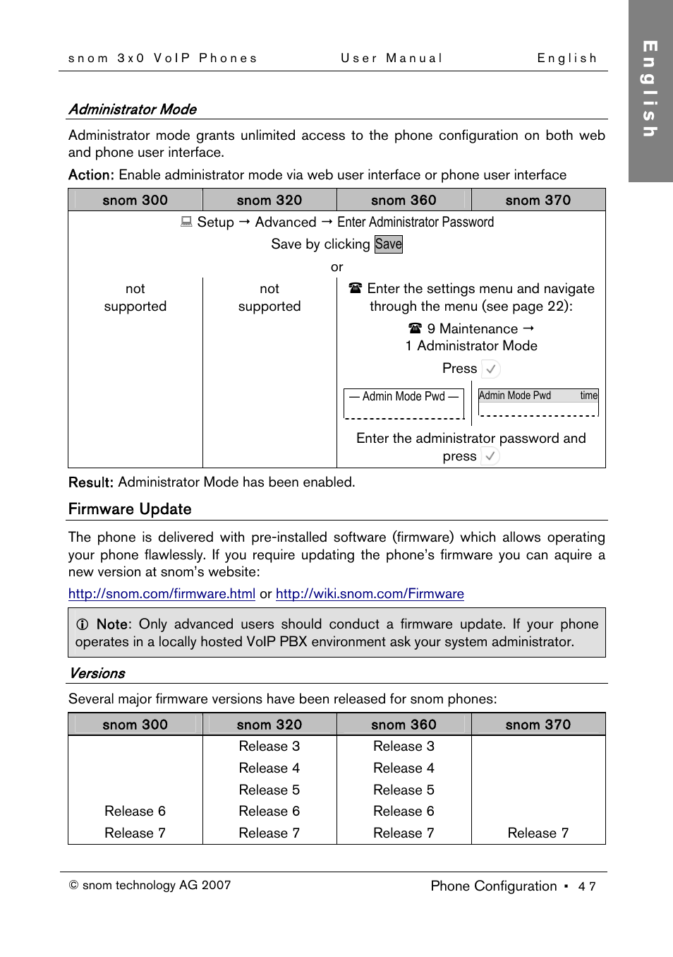 Administrator mode, Firmware update, Versions | English | Snom 300 User Manual | Page 53 / 105