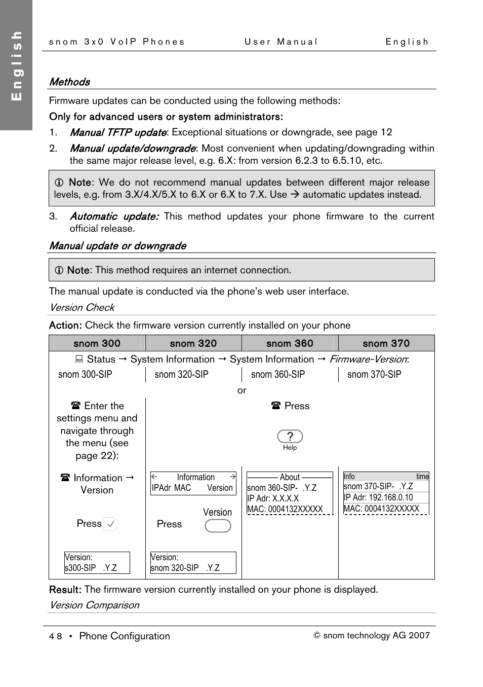 Methods, Manual update or downgrade, Version check | Version comparison, English | Snom 300 User Manual | Page 54 / 105