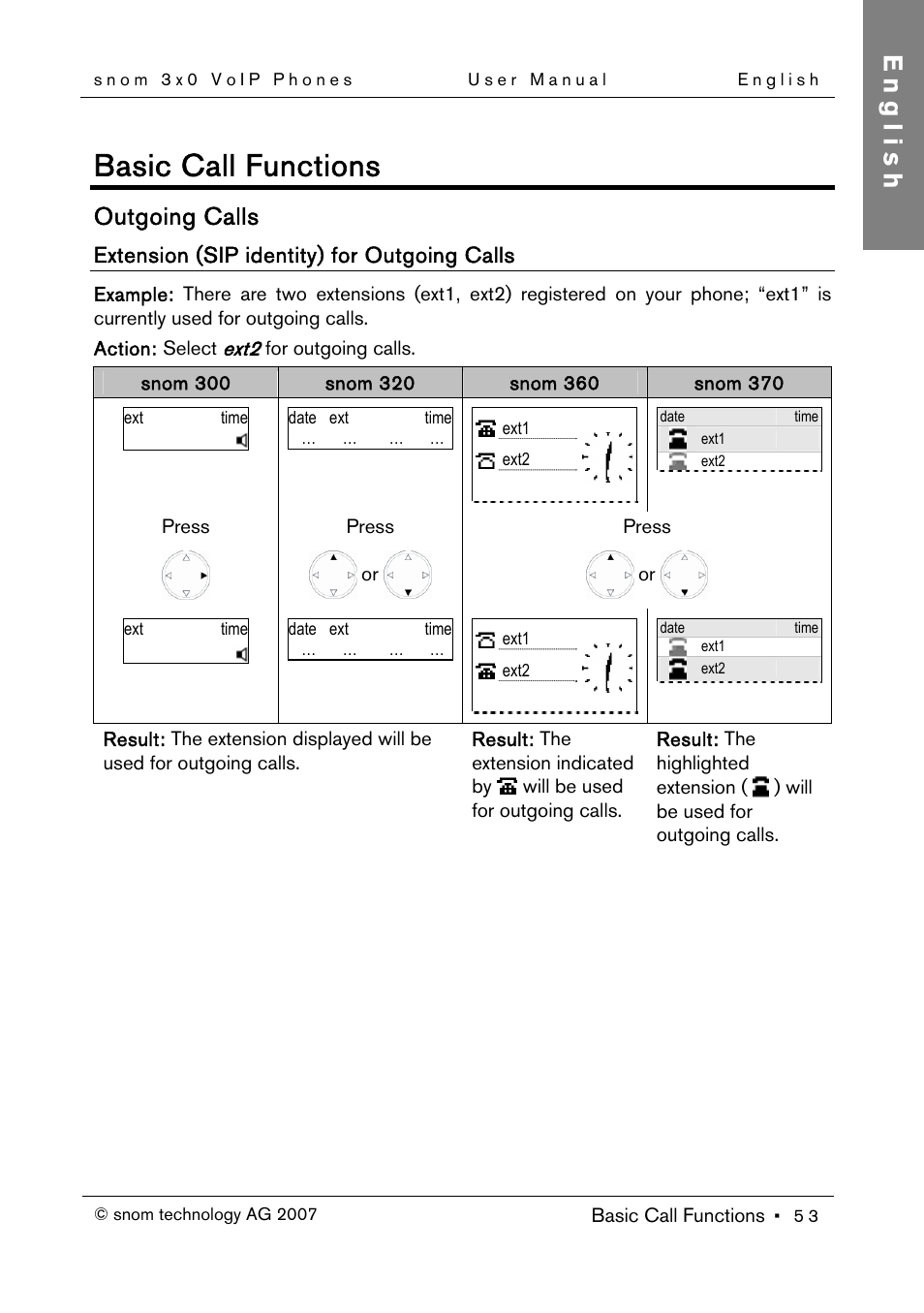 Outgoing calls, Extension (sip identity) for outgoing calls, Basic call functions | English | Snom 300 User Manual | Page 59 / 105