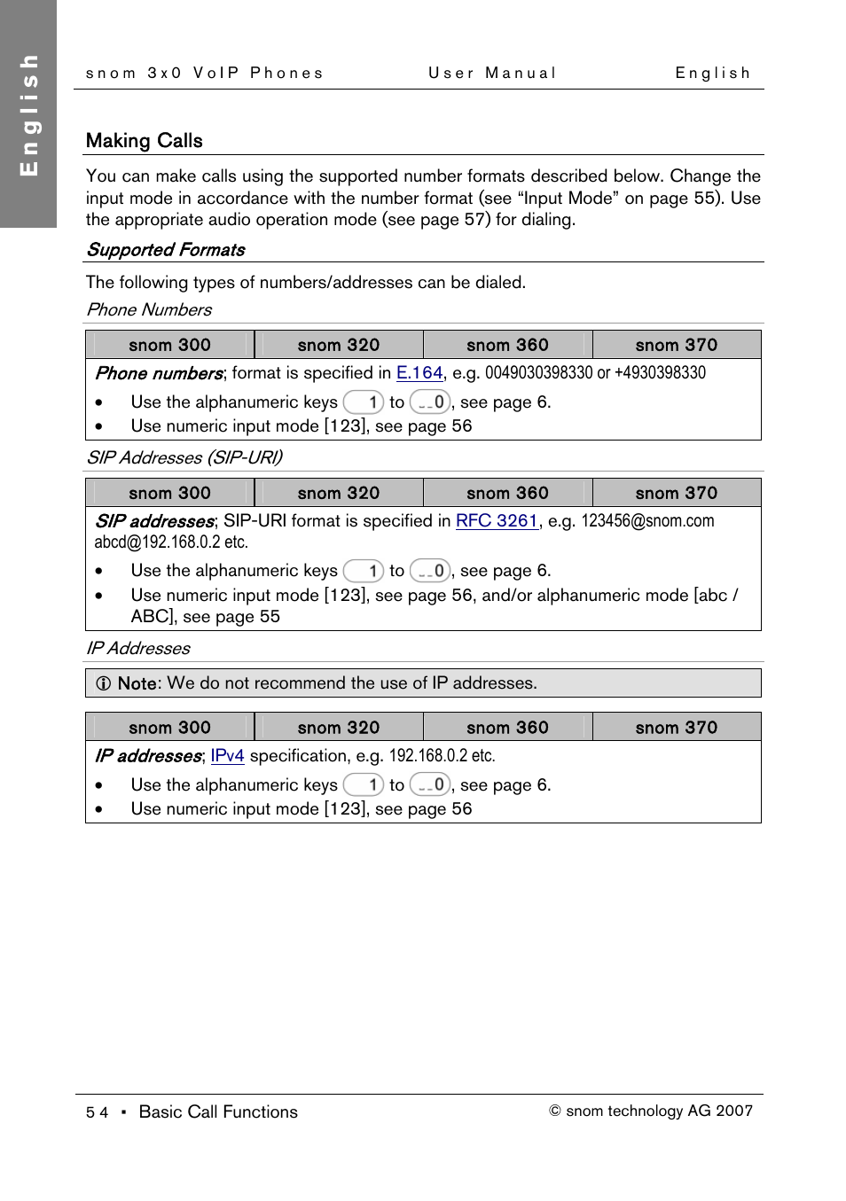Making calls, Supported formats, Phone numbers | Sip addresses (sip-uri), Ip addresses, English | Snom 300 User Manual | Page 60 / 105