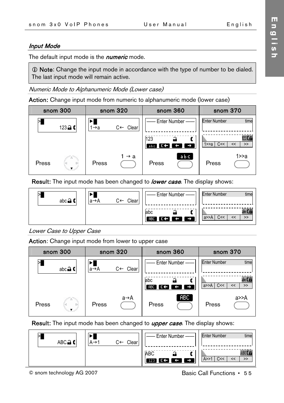 Input mode, Numeric mode to alphanumeric mode (lower case), Lower case to upper case | 55). use, English | Snom 300 User Manual | Page 61 / 105