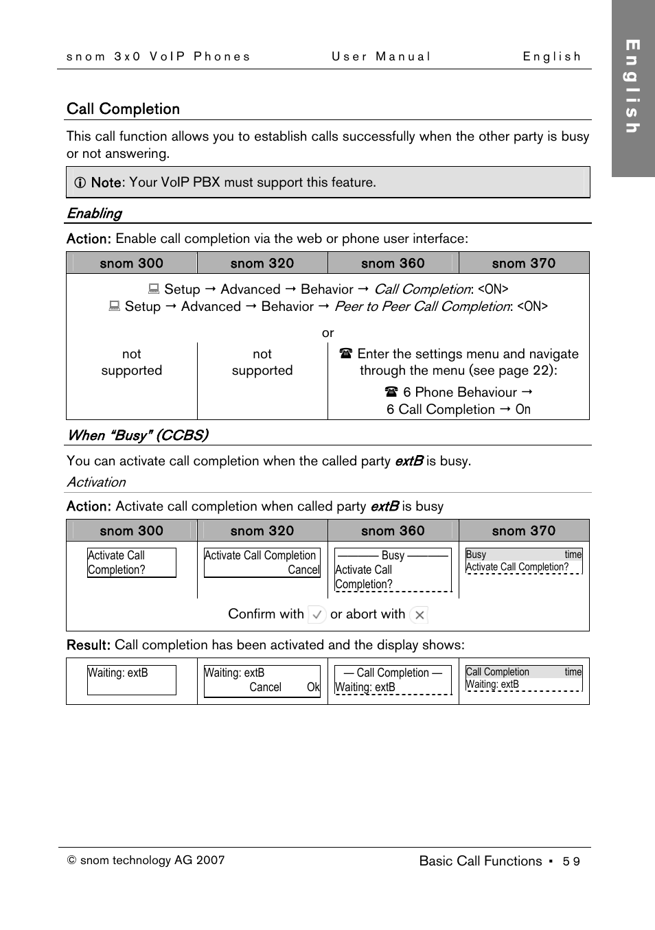 Call completion, Enabling, When “busy” (ccbs) | Activation, English | Snom 300 User Manual | Page 65 / 105