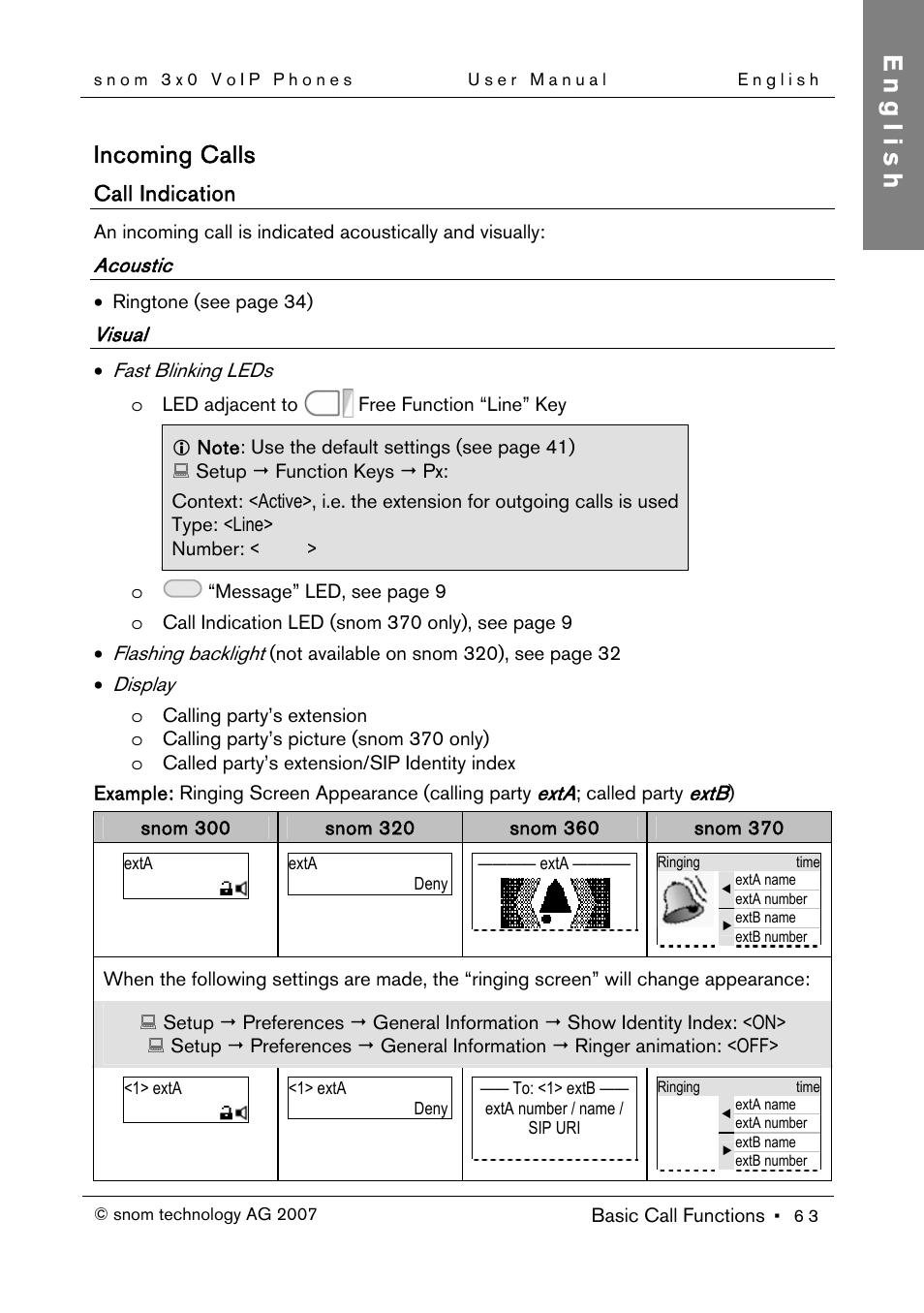 Call indication, Acoustic, Visual | Incoming calls, 63) if no higher prioritized, English | Snom 300 User Manual | Page 69 / 105