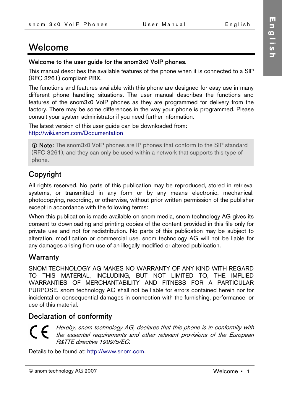 Welcome, Copyright, Warranty | Declaration of conformity, Important user information, English | Snom 300 User Manual | Page 7 / 105
