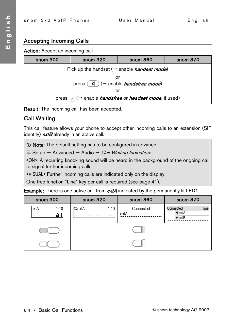 Accepting incoming calls, Call waiting, English | Snom 300 User Manual | Page 70 / 105