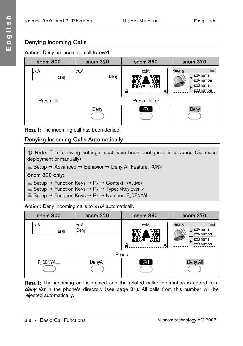 Denying incoming calls, Denying incoming calls automatically, English | Snom 300 User Manual | Page 72 / 105