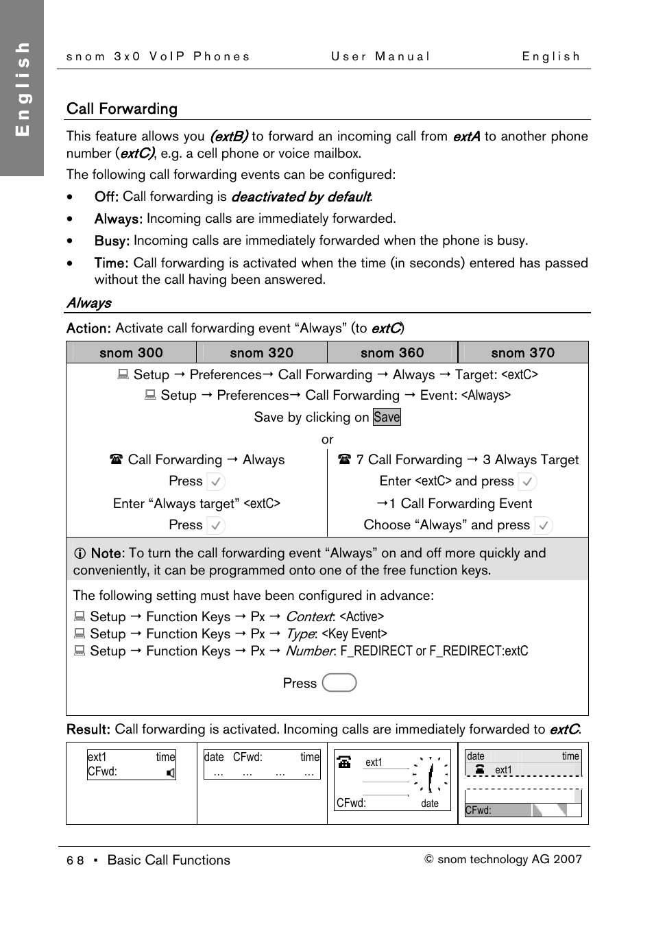 Call forwarding, Always, English | Snom 300 User Manual | Page 74 / 105