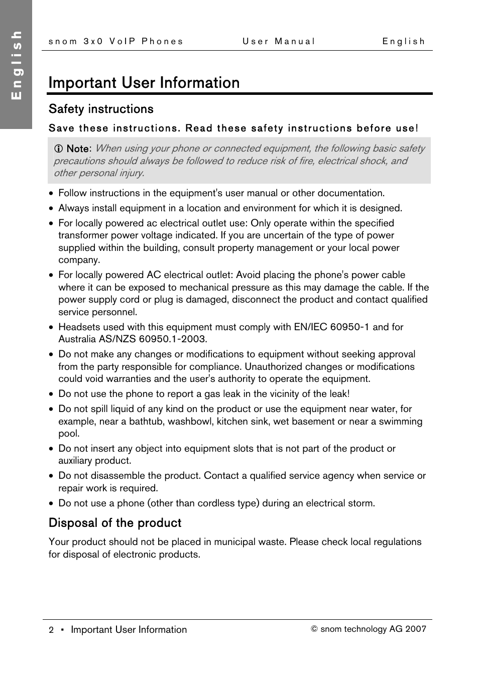 Safety instructions, Disposal of the product, Overview | Important user information, English | Snom 300 User Manual | Page 8 / 105