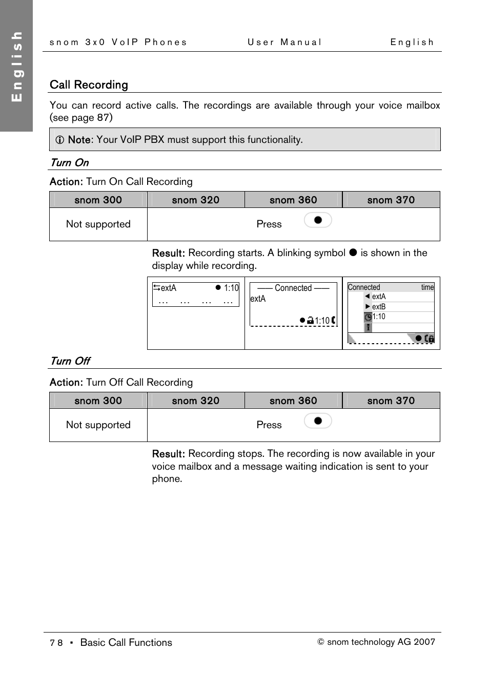 Call recording, Turn on, Turn off | Advanced phone functions, English | Snom 300 User Manual | Page 84 / 105