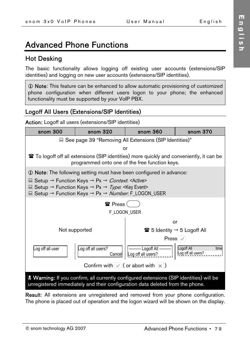 Hot desking, Logoff all users (extensions/sip identities), Advanced phone functions | English | Snom 300 User Manual | Page 85 / 105