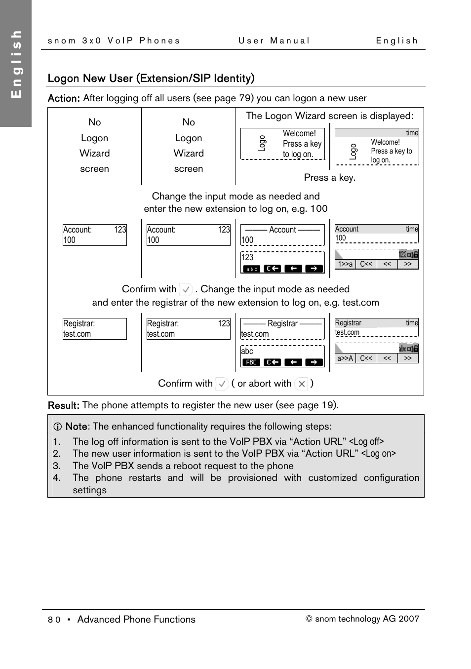 Logon new user (extension/sip identity), English | Snom 300 User Manual | Page 86 / 105
